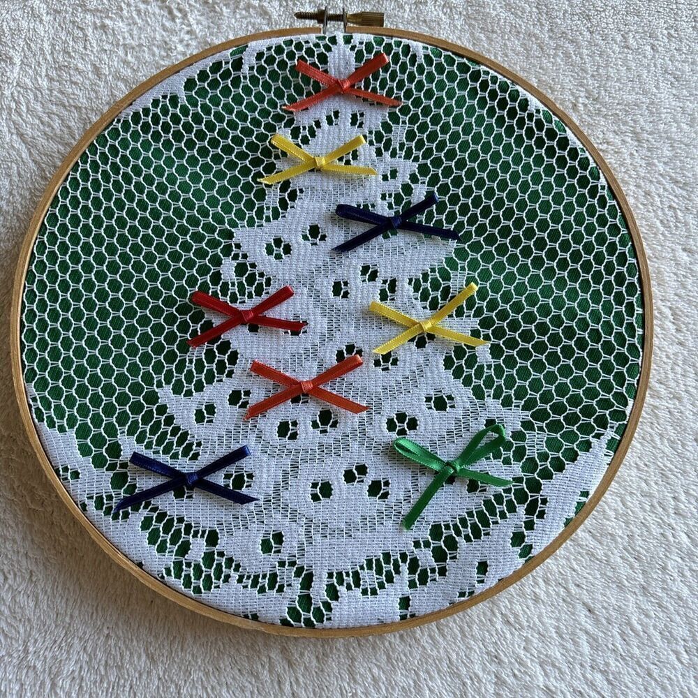 Vintage Lace Doily Christmas Tree Embroidery Hoop Wall Decor cottagecore